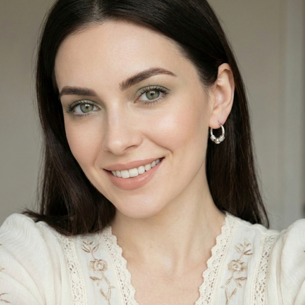 Silver Beaded Hoop Earrings Stainless Steel Textured Boho Minimalist Huggie 0.9" - Picture 3 of 15